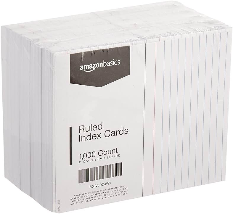 Amazon Basics Ruled Lined Index Cards for Study, Notes and Recipes, White, 3" x 5", 1,000 Count (10 Pack of 100) - Product Image