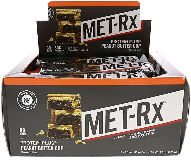 MET-Rx Protein Plus Bar, Great as Healthy Meal Replacement, Snack, and Help Support Energy, Gluten Free, Peanut Butter Cup, With Vitamin A, Vitamin C, and Zinc to Support Immune Health, 85 g,9 Count - Product Image