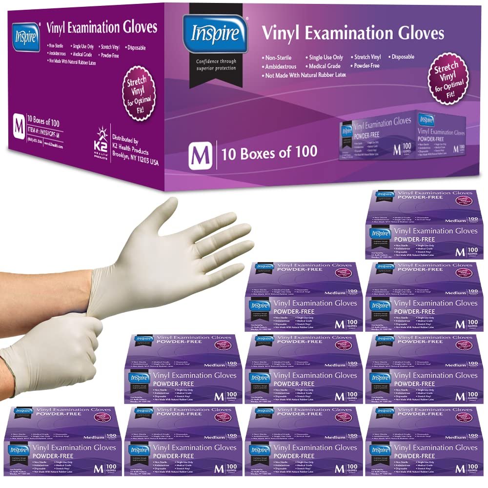 Inspire Stretch Vinyl Exam Gloves | THE ORIGINAL Quality Disposable Latex Free Medical Glove Cleaning Cooking Food Service Labs Healthcare and Household, Medium 1000 Count - Product Image