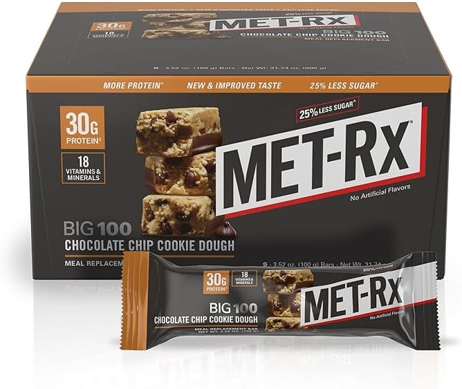 MET-Rx Big 100 Colossal Protein Bars, Chocolate Chip Cookie Dough Meal Replacement Bars, 9 Count (Pack of 1) - Product Image