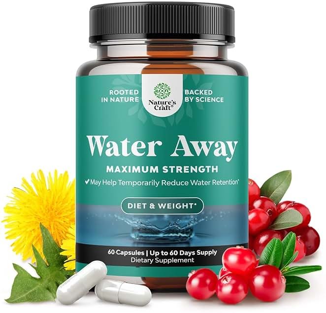 Water Away Herbal Diuretic Pills High Strength - Fluid Retention Supplement with Dandelion Leaf Extract & Green Tea for Bloating Relief for Women & Men - Capsules for Leg & Feet Swelling - 60 Count - Product Image