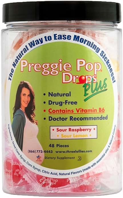 Three Lollies Preggie Drops Plus - 48 Lozenges - Ease Morning Sickness During Pregnancy, Natural, Sour Lozenges for Nausea With Vitamin B6, Sour Lemon & Raspberry Flavors - Product Image