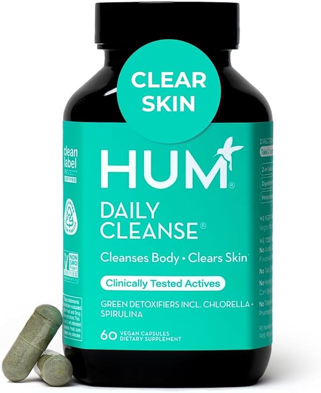 HUM Daily Cleanse Acne Supplements for Women & Men, Gentle Digestive Cleanse for Clear Skin Support, Zinc, Spirulina, Chlorella, Detoxifying Herbs, Organic Algae, Skin Vitamins Supplement, 60 Capsules - Product Image