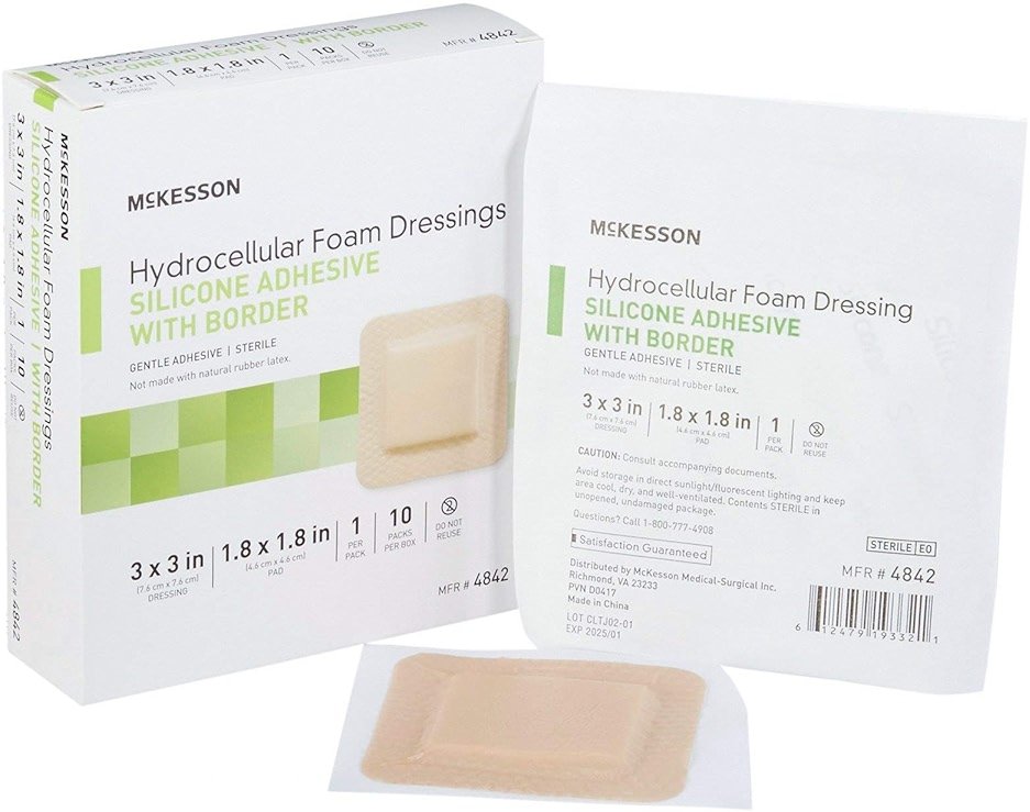 McKesson Hydrocellular Foam Dressings, Sterile, Silicone Adhesive with Border, Dimension 3 in x 3 in, Pad 1 4/5 in x 1 4/5 in, 10 Count, 1 Pack - Product Image