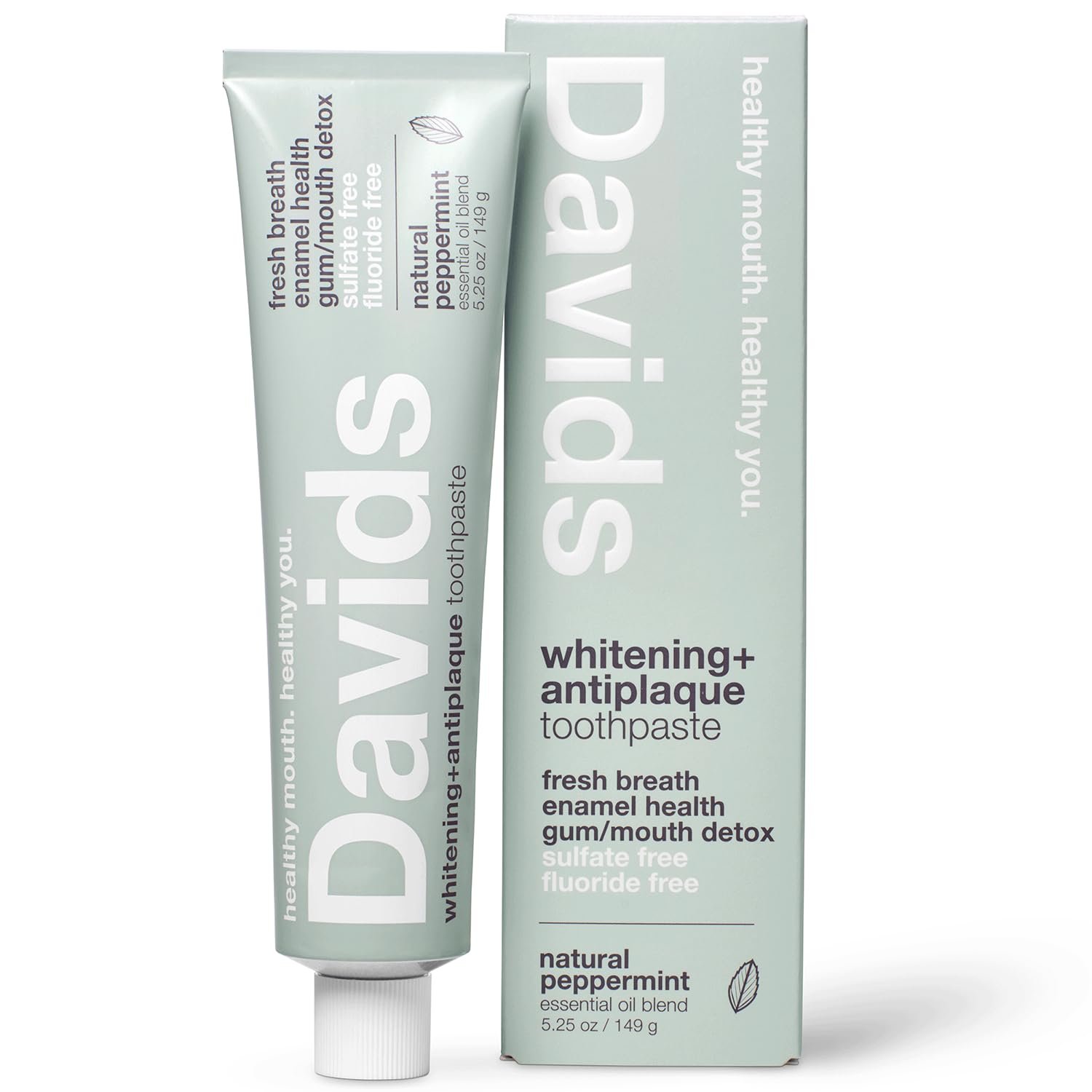 Davids Fluoride Free Toothpaste, Teeth Whitening, Antiplaque, SLS (Sulfate) Free, Promotes Enamel Health, Mouth & Gum Detox, EWG Verified, Peppermint, 5.25oz - Product Image