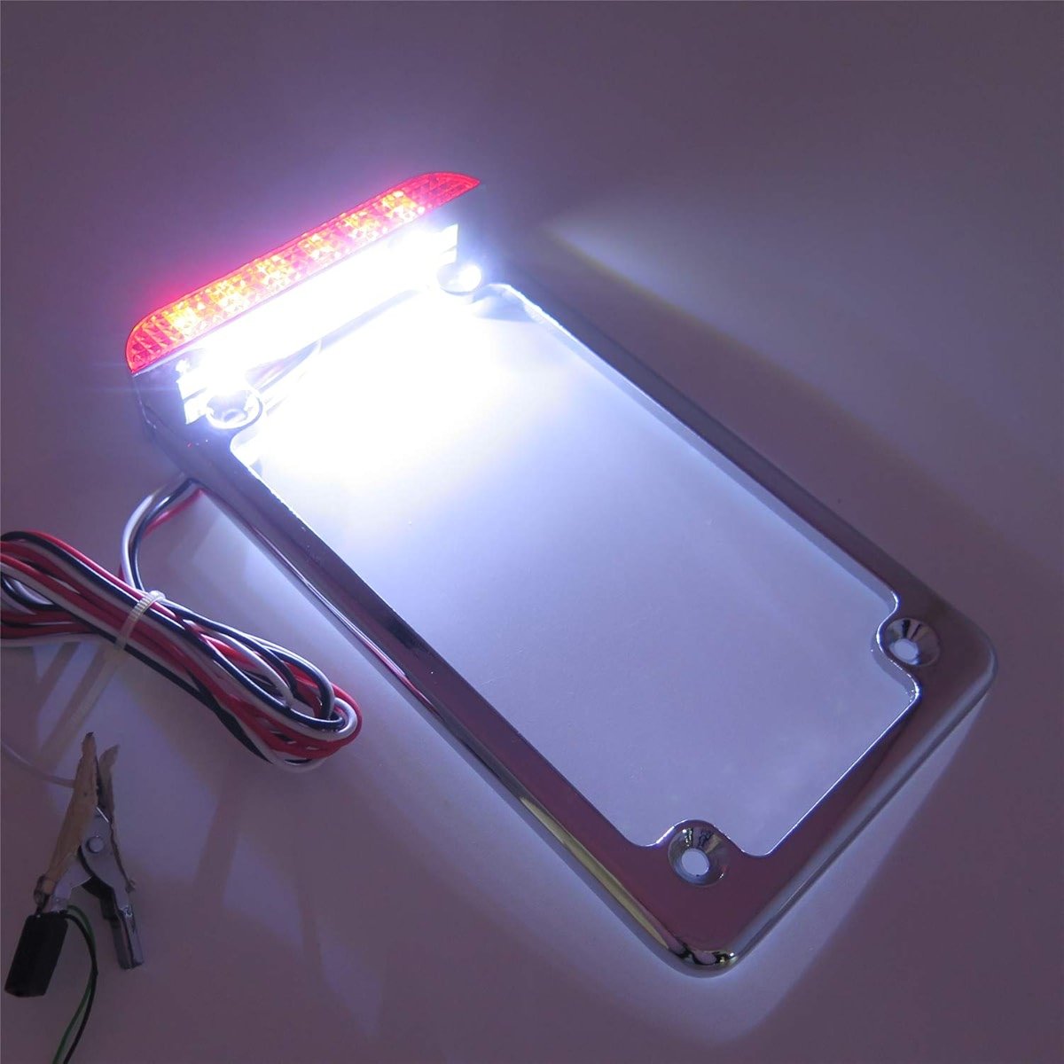 HTTMT MT294-003- Motorcycle Chrome 7" x 4" Flat License Plate Frame Bracket Tag Holder w/ 3" LED Bar Compatible with Universal /Suzuki/Yamaha/Kawasaki/Harley - Product Image