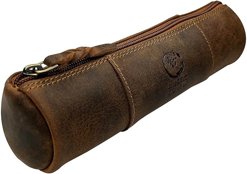 Rustic Town Leather Pencil Case - Full Grain Leather Zippered Pen Pouch - Stationery Bag Pen Holder for Work & Office - Product Image