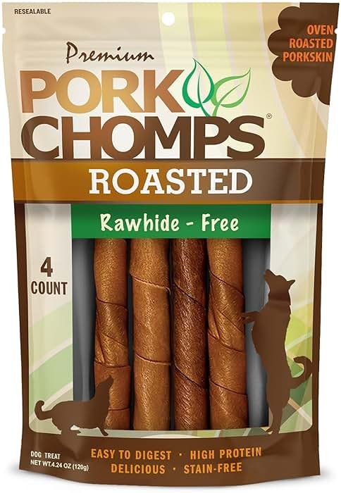 Pork Chomps Roasted Pork Skin Dog Chews, 6 Inch Twists, 4 Count - Long-Lasting Treats for Dogs - High Protein, Rawhide-Free, Low Fat, Healthy & Delicious Chews - Product Image