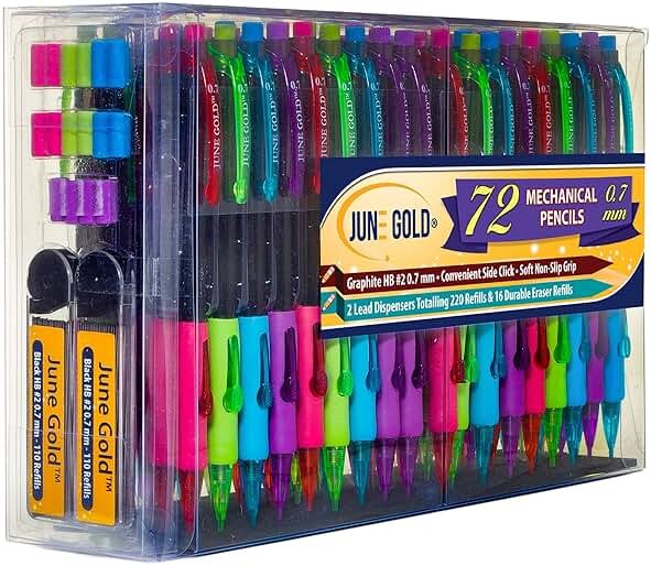 June Gold 72 Mechanical Pencils, 0.7 mm HB #2 Lead, 2 Dispensers/w 220 Graphite Refills & 16 Refill Erasers, Break Resistant Lead, Convenient Side Click & Soft Non-Slip Grip - Product Image