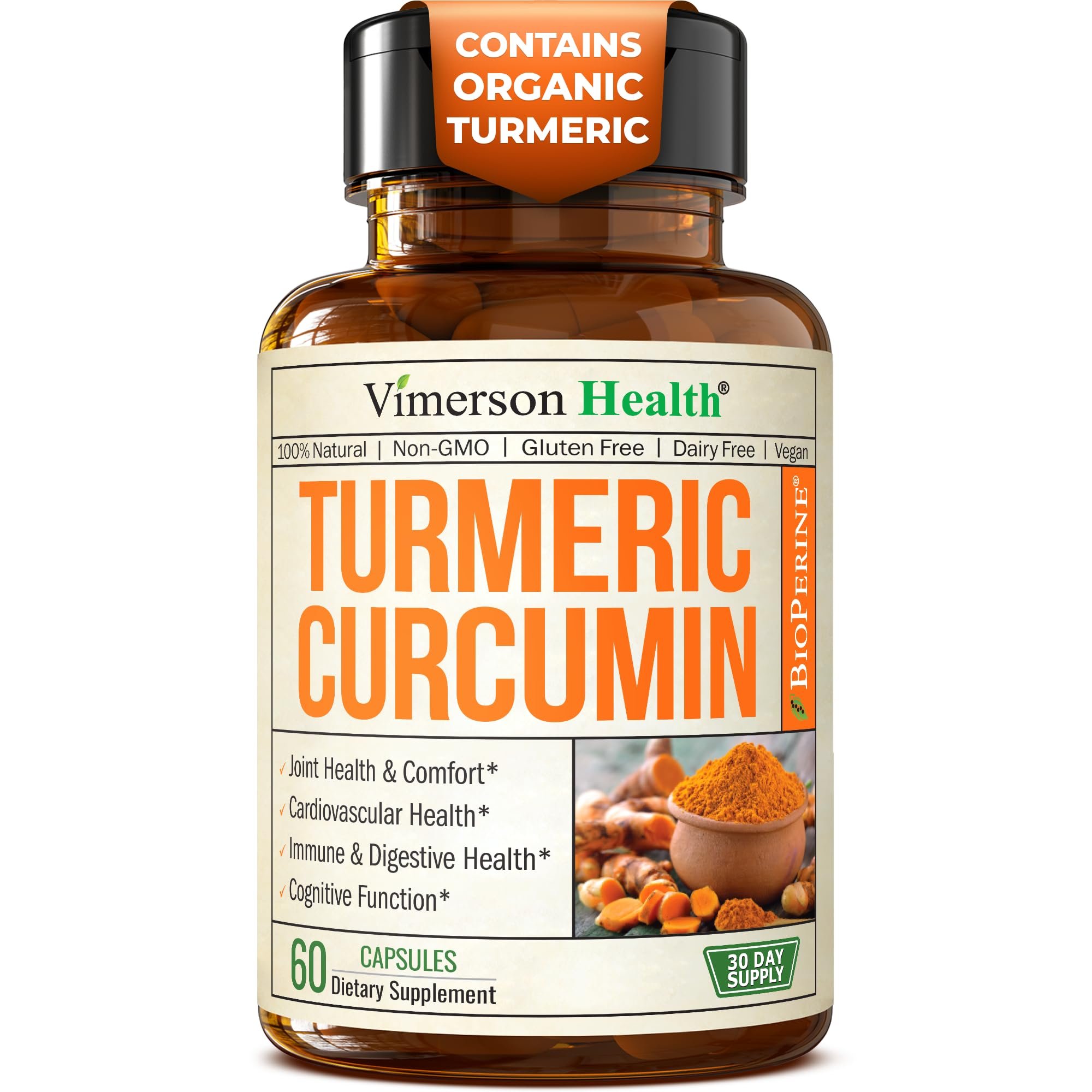 Turmeric Curcumin Supplement – 1200mg Organic Turmeric Curcumin with Black Pepper Extract for Max Absorption – Digestive & Joint Supplements for Men & Women w. Tumeric Extract & Bioperine – 60 Caps - Product Image