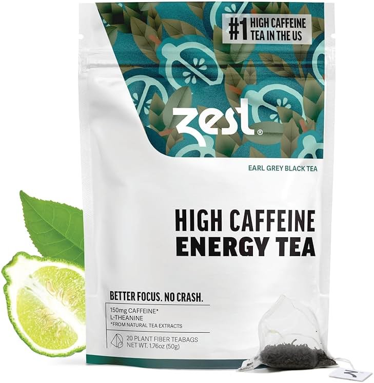 Zest High Caffeine Black Tea Bags – Earl Grey Energy Tea with Natural Bergamot – 150mg Caffeine per Cup – Focus & Morning Breakfast Tea for Energy – Caffeinated Coffee Substitute – 20Ct Pack - Product Image