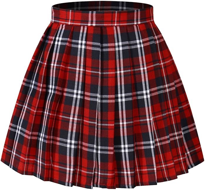 Women's School Uniform Flared Slim Plaid Pleated Skirts(XL,Red Blue) - Product Image