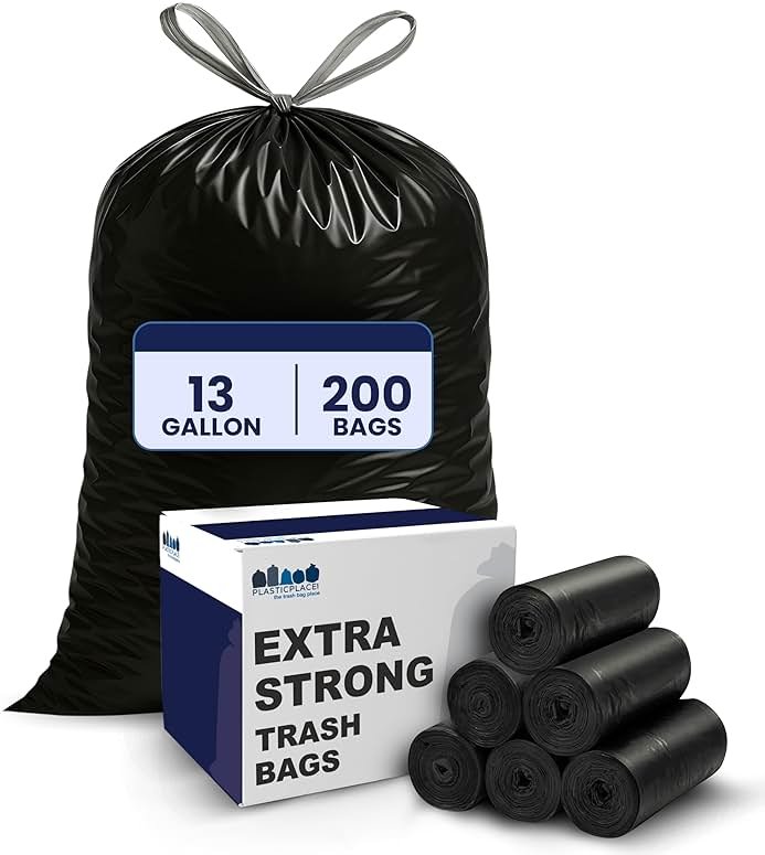 Plasticplace 13 gallon Extra Tall Drawstring Kitchen Trash Bags | Black 1.2 Mil, 24"W x 31"H (200Count) - Product Image