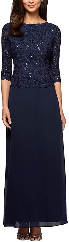 Alex Evenings Women's 3/4 Sleeve Stretch Lace Bodice Mock One Piece Gown - Product Image