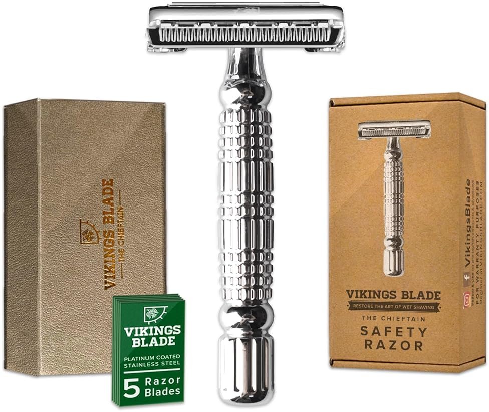 VIKINGS BLADE Double Edge Safety Razor for Men + 5 Swedish Steel Blades + Luxury Case. Smooth, Reusable, Eco-Friendly (The Chieftain) - Product Image