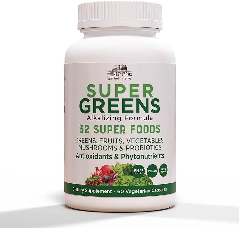 Country Farms Super Greens Vegicaps, 32 Super Foods, Whole Food Supplement, Greens, Fruit, Vegetables, Mushrooms & Probiotics, Rich in Antioxidants & Phytonutrients, 60 Count, 30 Servings - Product Image