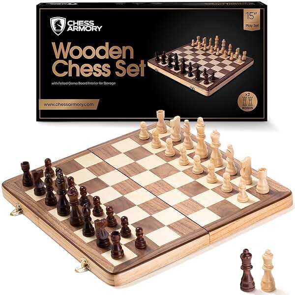 Chess Armory Wooden Chess Set 15 Inch - Classic Handcrafted Game Board for Adults with Extra Queen Pieces and Storage Box - Ideal for Home and Travel - Non-Magnetic - Product Image