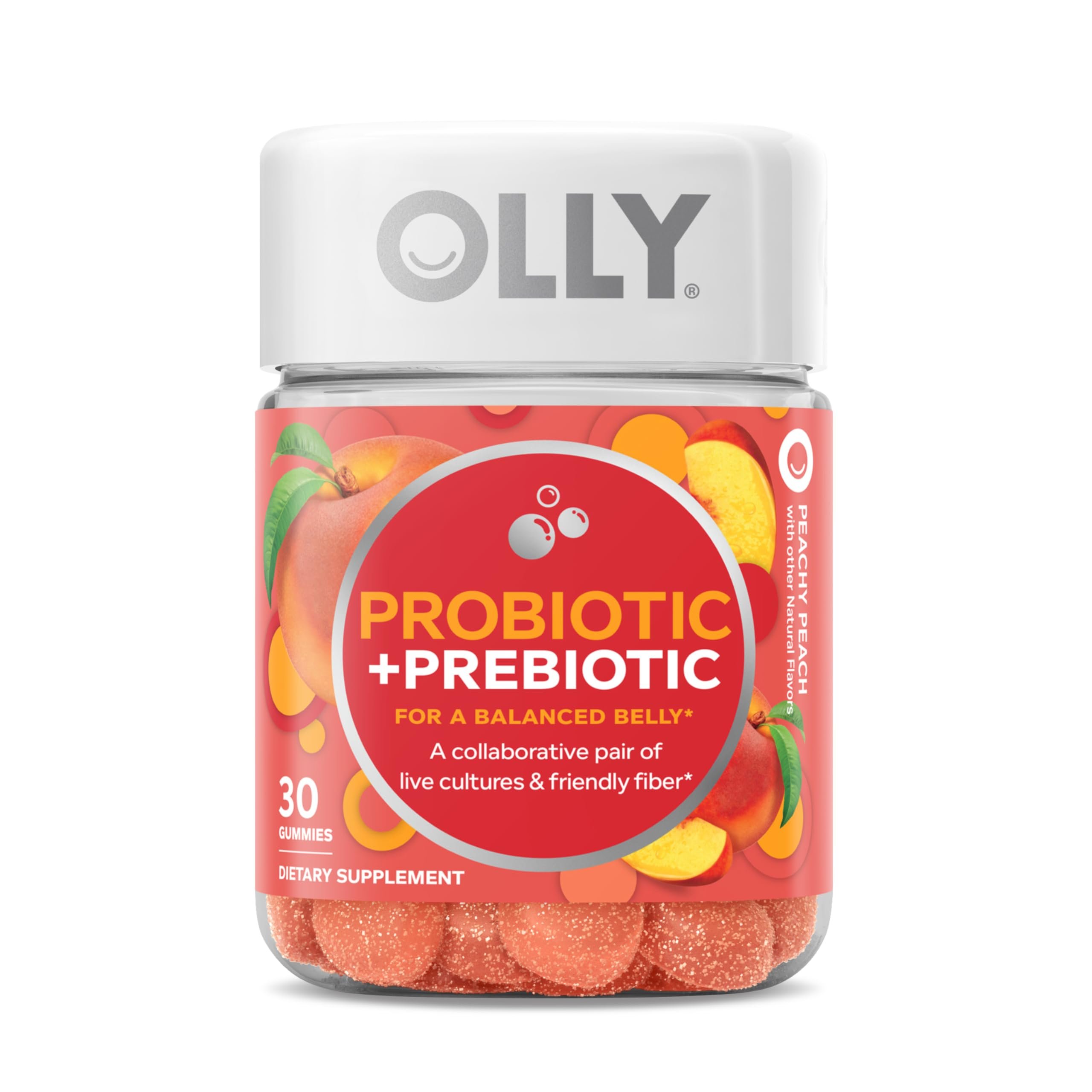 Olly, Probiotic + Prebiotic Gummy, 500 Million CFUs, Fos, Adult Chewable Supplement for Men and Women, Peach Flavored, 30 Day Supply, 30 Count - Product Image