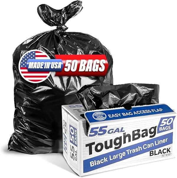 ToughBag 55 Gallon Trash Bags, 55-60 Gallon Trash Bags Heavy Duty (50 COUNT) - Large Black Trash Can Liners, 50-60 Gal for Contractors, Commercial, and Lawn - Made in USA - Product Image