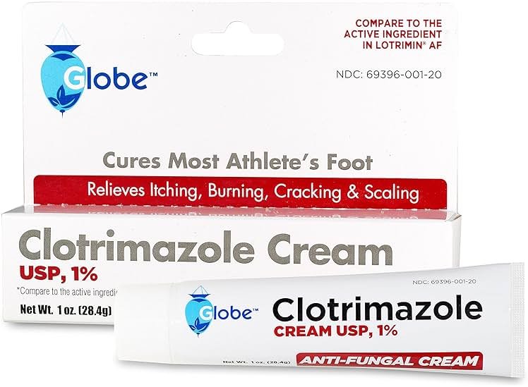 Globe Clotrimazole Antifungal Cream 1% USP (1 oz), Anti Fungal Treatment, Relieves Itching, Burning, Cracking and Scaling Associated Athletes Foot, Jock Itch, Ringworm and More - Product Image
