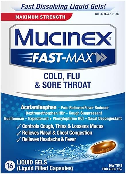 Mucinex Fast-Max Maximum Strength Cold, Flu & Sore Throat, Multi-Symptom Relief, Pain Reliever, Fever Reducer, Cough Suppressant, Expectorant, Nasal Decongestant, 16 Liquid Gels - Product Image