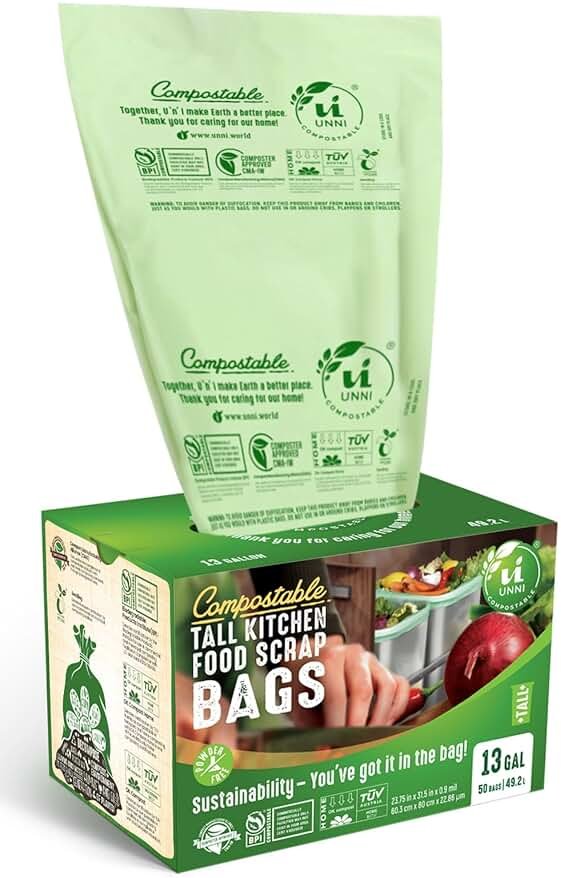 UNNI Compostable Trash Bags, 13 Gallon / 49.2 Liter, 50 Count, Extra Thick 0.9 Mil Tall Kitchen Food Scrap Bin Liners, Certified by BPI, CMA & OK compost HOME, Meets the ASTM D6400 Standard - Product Image