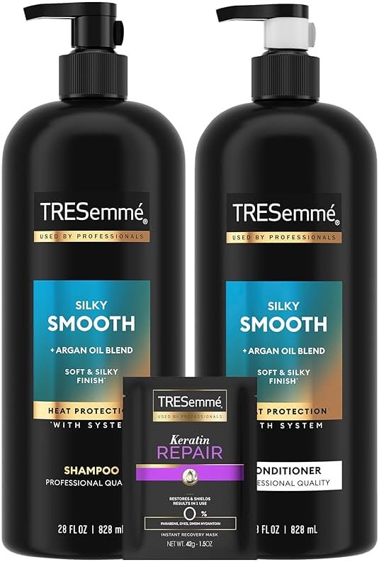 TRESemmé Shampoo and Conditioner Set, Silky & Smooth + Keratin Repair Hair Mask – Anti-Frizz Hair Products with Argan Oleo Blend (3 Piece Set) - Product Image
