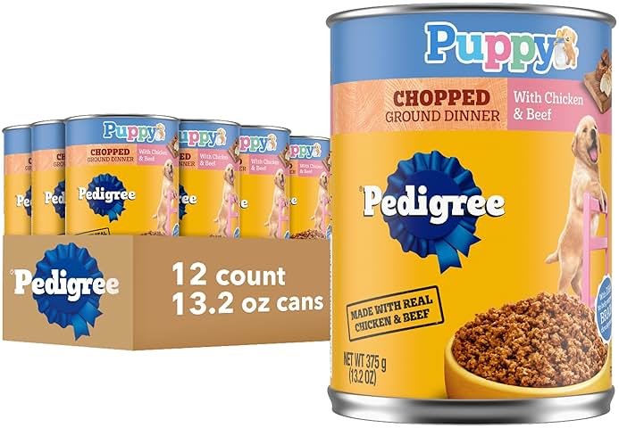 Pedigree Puppy Chopped Ground Dinner Wet Puppy Food with Chicken & Beef, Canned Dog Food, 13.2 oz. Cans, 12 Count - Product Image
