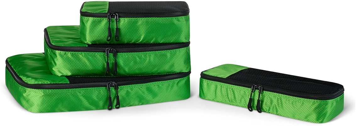 Amazon Essentials 4-Piece Packing Cubes Travel Accessories Set, Luggage Organizer with Double Zipper, Mesh Top, Space-Saving for Suitcases, Small/Medium/Large/Slim, Green (Previously Amazon Basics) - Product Image