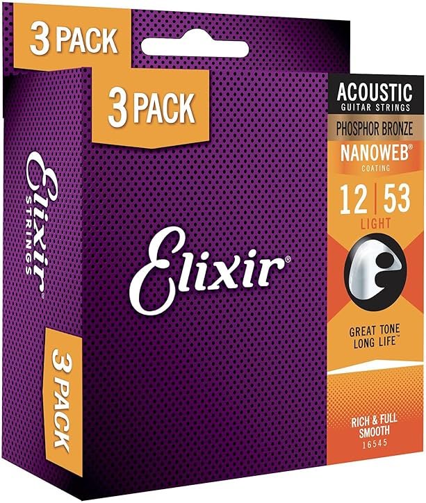 Elixir Strings, Acoustic Guitar Strings, Phosphor Bronze with NANOWEB Coating, Longest-Lasting Rich and Full Tone with Comfortable Feel, 6 String Set, 3 Pack, Light 12-53 - Product Image