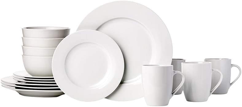 Amazon Basics 16-Piece Porcelain Dinnerware Set, Microwave and Dishwasher Safe, Service for 4, Plates, Bowls and Mugs, White - Product Image