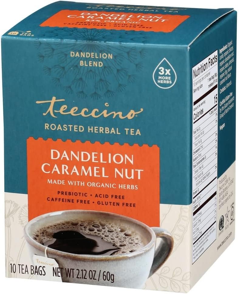 Teeccino Dandelion Caramel Nut Tea - Caffeine Free, Roasted Herbal Tea with Prebiotics, 3x More Herbs than Regular Tea Bags, Gluten Free - 10 Tea Bags - Product Image