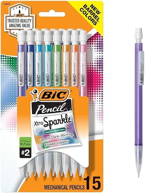 BIC Xtra-Sparkle Number 2 Mechanical Pencils With Erasers, Medium Point (0.7mm), 15-Count Pack, Cute Mechanical Pencils for Girls, Boys and Adults - Product Image