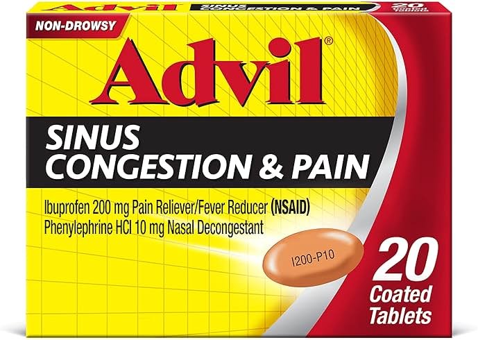 Advil Sinus Congestion and Pain, Sinus Relief Medicine, Pain Reliever and Fever Reducer with Ibuprofen and Phenylephrine HCl - 20 Coated Tablets - Product Image
