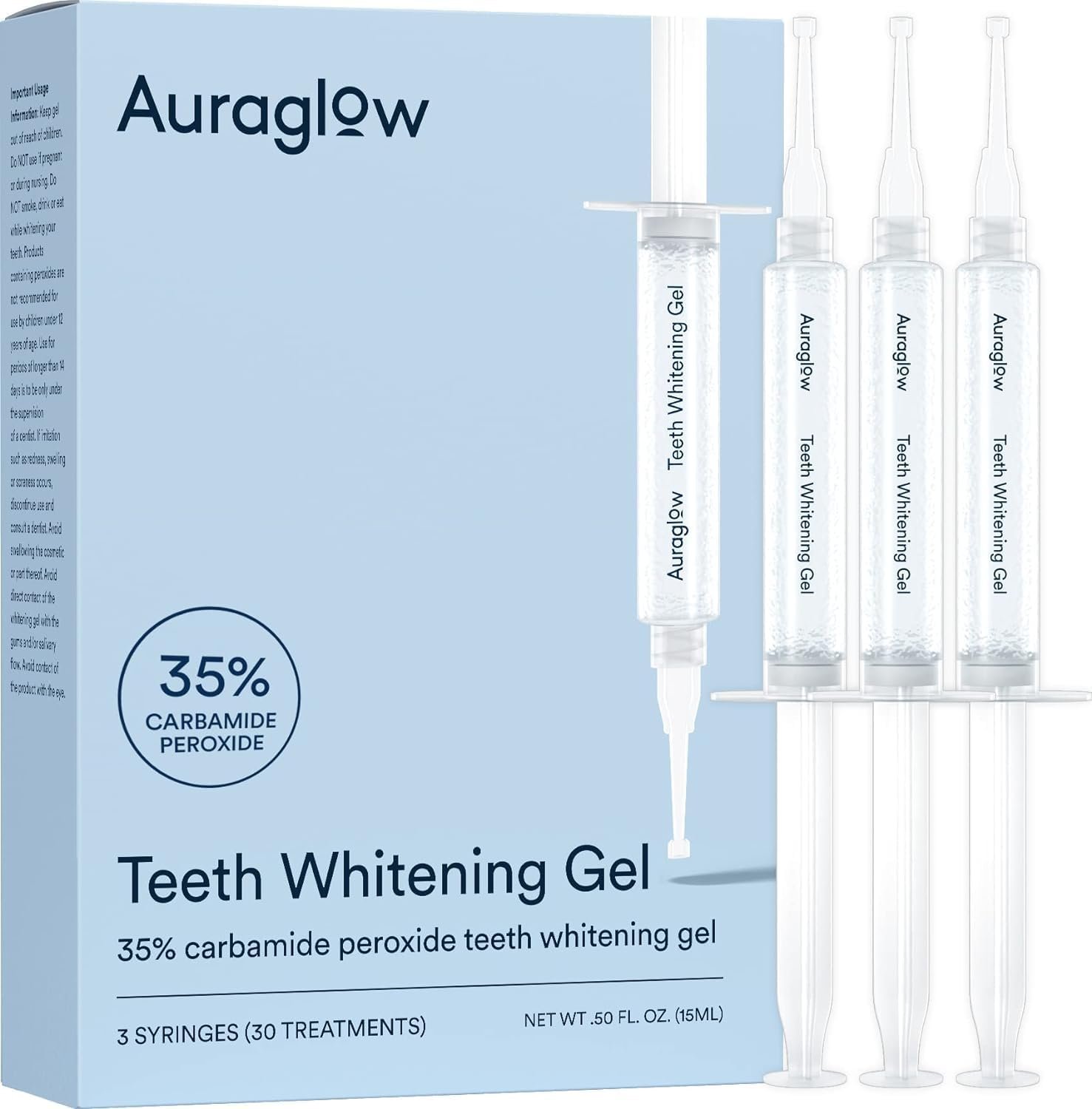 Auraglow 35% Teeth Whitening Gel for Trays, Retainers & Aligners – Dentist Strength Carbamide Peroxide Whitener, 30 Treatments, 3 Syringes (5mL) - Product Image