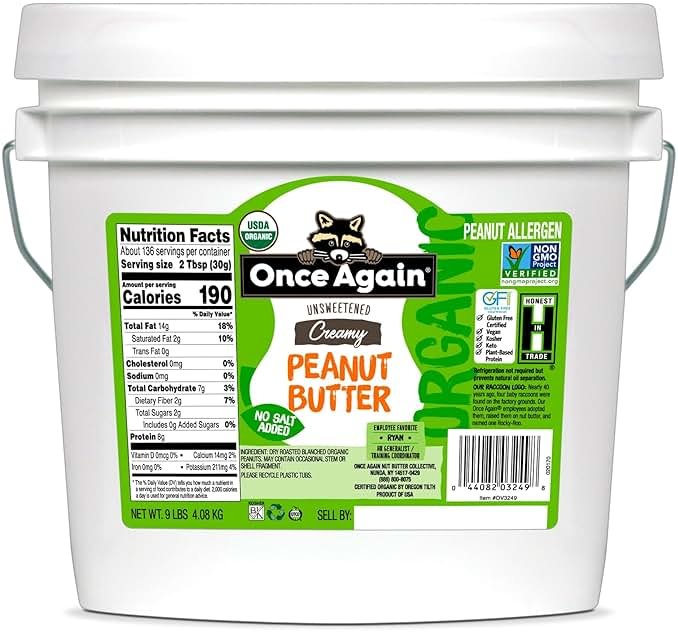 Once Again Organic Creamy Peanut Butter 9 Pound Bucket - No Sugar Added, Single Ingredient, Unsalted, Natural Peanut Butter Bulk, No Palm Oil - Non-GMO, Gluten Free - Smooth and Unsweetened - Product Image