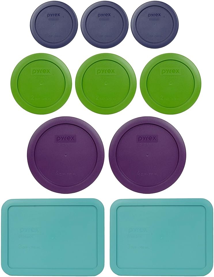Pyrex (3) 7202 1-Cup Dark Blue, (3) 7200 2-Cup Lawn Green, (2) 7201 4-Cup Purple, & (2) 7210 3-Cup Turquoise - Made in USA - Product Image
