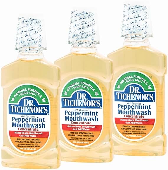 Dr. Tichenor's Peppermint Mouthwash Concentrate - Oral Rinse for Bad Breath and Oral Health With a Minty Punch for Soothing Relief of Minor Sore Throat Irritation - 8 Ounce (Pack of 3) - Product Image