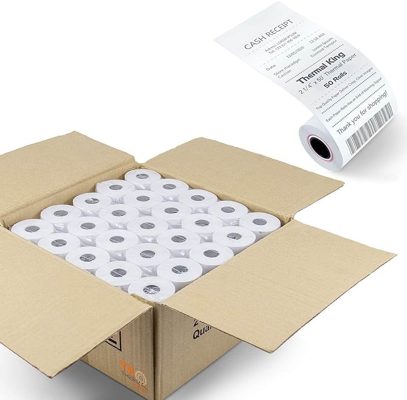 TK Thermal King, (50 Rolls) 2 1/4" 50' feet White Paper Cash Register POS Receipt, Fits All Credit Card Terminal Great For Cashier Receipt Small Business Premium Quality - Product Image