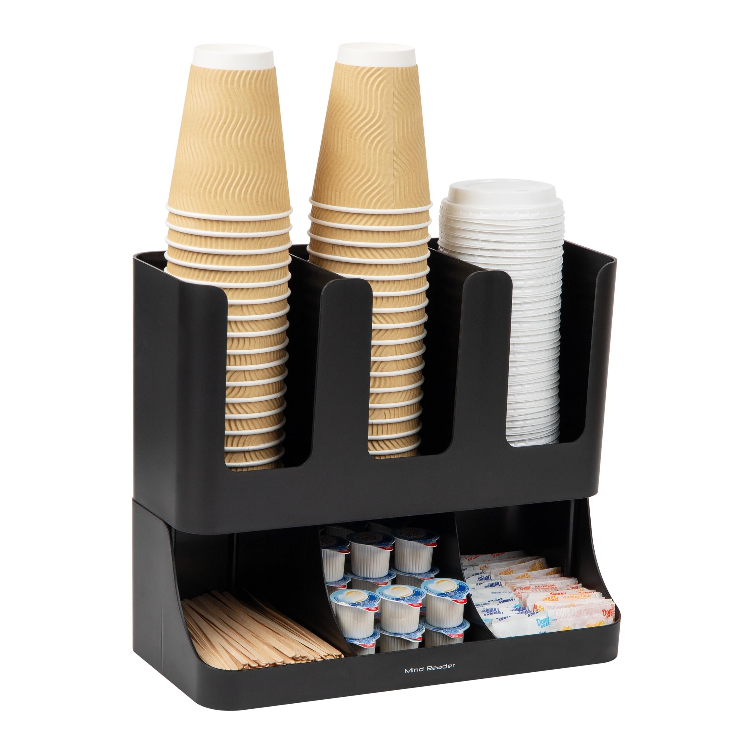 Mind Reader Condiment Station, 13 Inch Countertop Coffee Bar Organizer with 6 Compartments, Storage Caddy for Cups, Lids and Packets, Plastic, Black - Product Image
