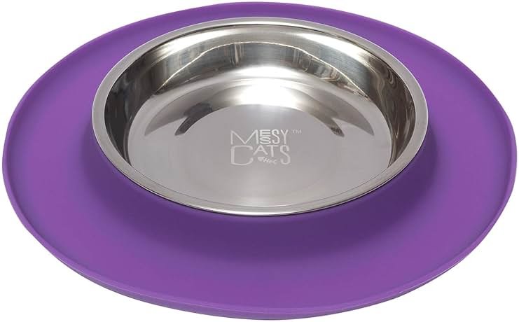 Messy Cats Single Silicone Feeder with Stainless Saucer Shaped Bowl | Anti-Slip Non-Skid Cat Food Bowl | One Cat Bowl in Feeding/Water Station | 1.75 Cups (Purple) - Product Image
