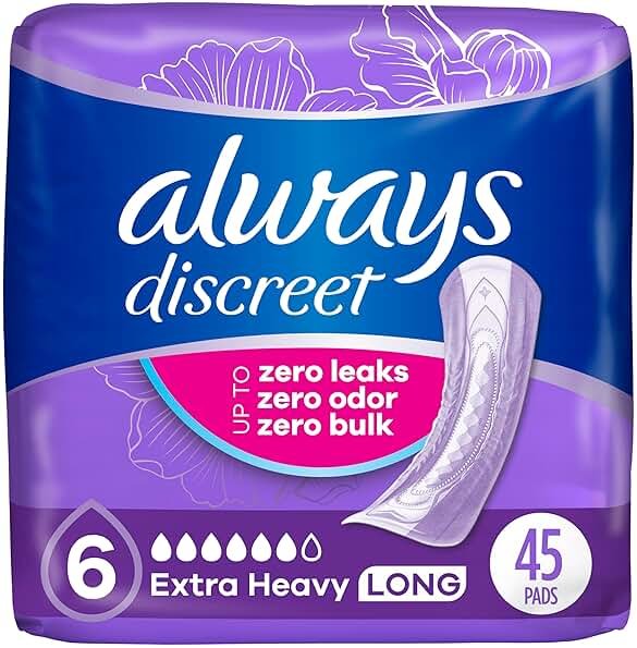 Always Discreet Adult Incontinence Pads for Women, Drier, 6 Drop Long Length, Extra Heavy Absorbency, Pads for Bladder Control Management, Bladder Leaks, & Postpartum Pads, 45ct - Product Image
