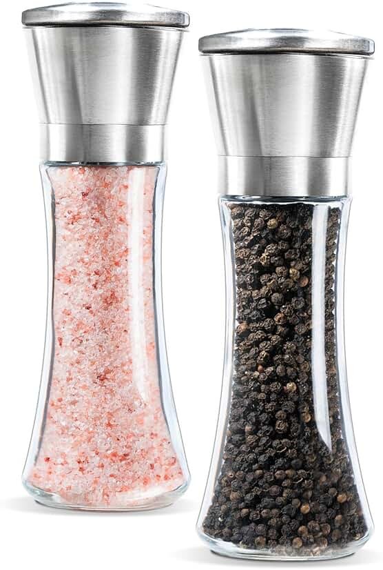 Levav Premium Salt and Pepper Grinder Set of 2- Brushed Stainless Steel Pepper Mill and Salt Mil, Glass Body, Size Grade adjustable ceramic rotor-salt and pepper shakers (tall) - Product Image