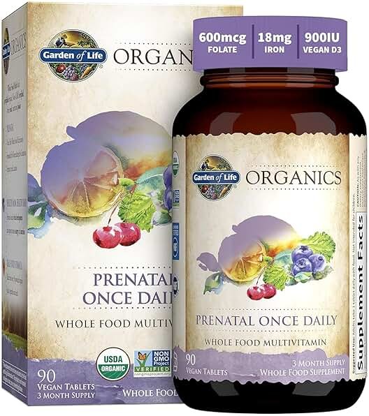 Garden of Life Prenatal Vitamins for Women, Organics Folate for Energy & Healthy Fetal Development, Non-constipating Iron, Vitamin C, B6, B12, D3, Non-GMO, Gluten-Free, Vegan, 90 Day Supply - Product Image