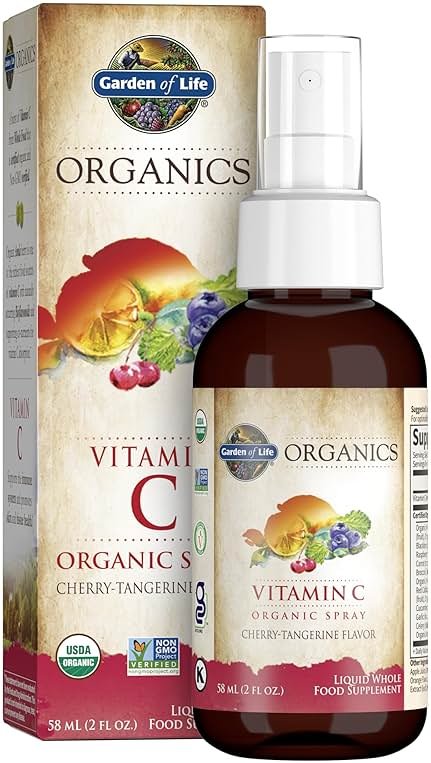 Garden of Life Organics Vitamin C Spray Featuring Amla Berry – Liquid Vitamin C Supplement for Immune & Skin Health Support, USDA Organic, Non-GMO, Vegan, Cherry Tangerine Flavor, 2 Fl Oz Bottle - Product Image