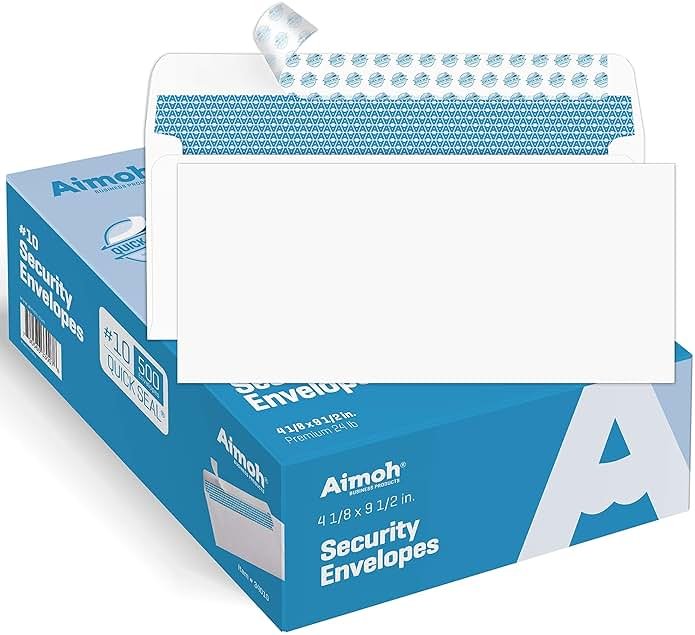 #10 Security SELF-SEAL Envelopes, Windowless Design, Premium Security Tint Pattern for Secure Mailing, Ultra Strong QUICK-SEAL Closure - Size 4-1/8 x 9-1/2 Inches - White - 24 LB - 500 Count (34010) - Product Image