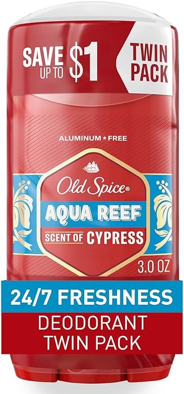 Old Spice Aluminum Free Deodorant for Men, 24/7 Odor Protection, 24/7 Freshness & Lasting Scent, Aqua Reef with Cypress Scent, 3.0 oz (Pack of 2) - Product Image