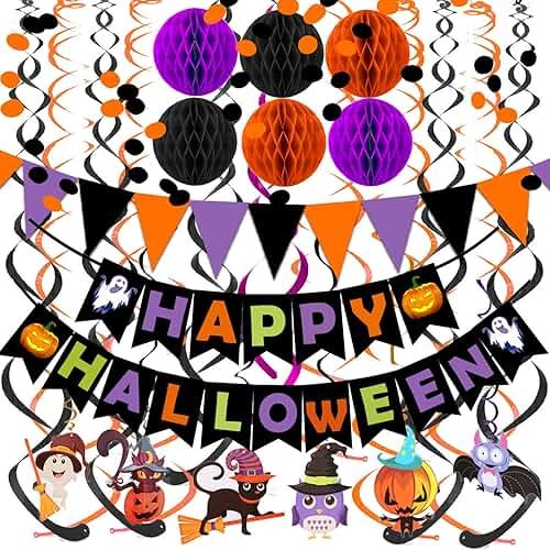 Happy Halloween Banner Paper Triangle Flag Bunting Circle Confetti Dots Hanging Garland Honeycomb Ball Swirl Streamers for Halloween Party Decorations - Product Image