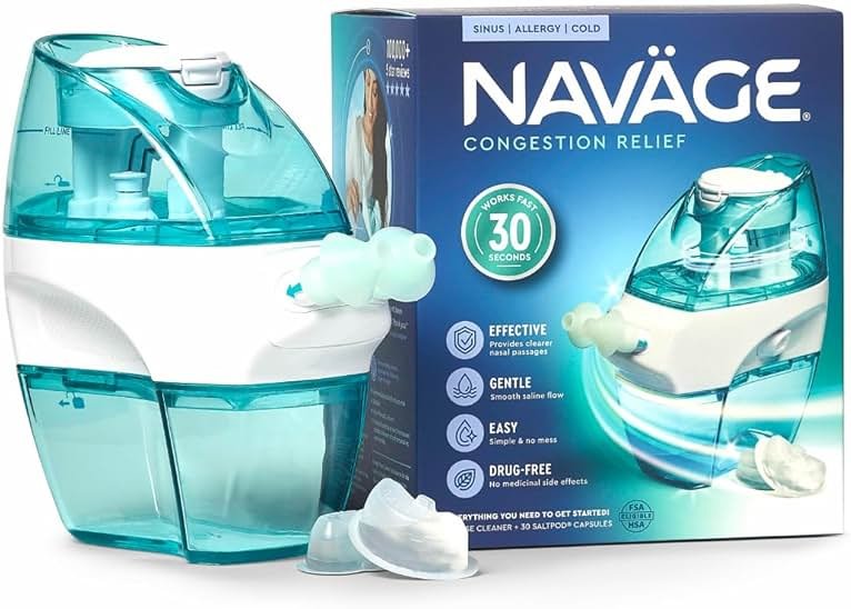 Navage® Starter Bundle – Nasal Irrigation System - Saline Nasal Rinse Kit with 1 Nose Cleaner and 30 SaltPods for Congestion Relief ($109 Value). Sinus Rinse for Clinically Proven Benefits - Product Image