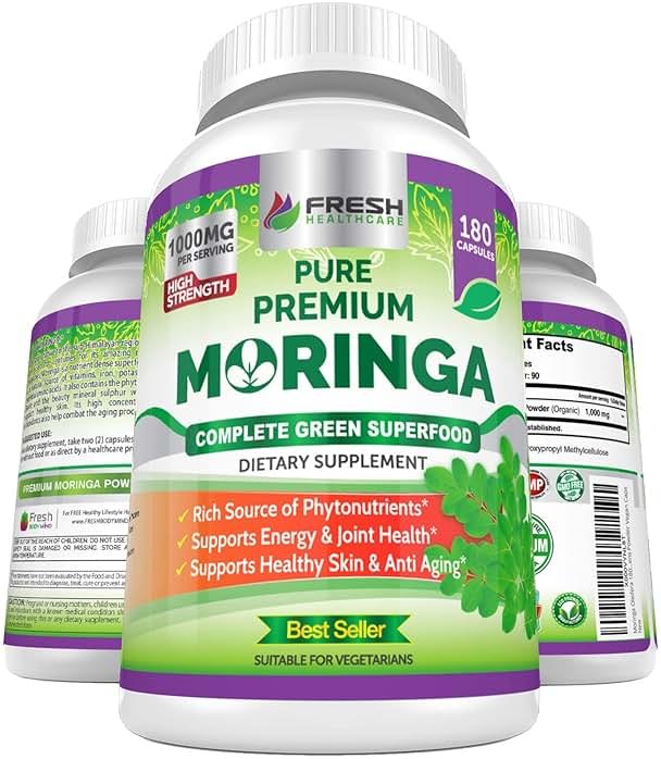 FRESH HEALTHCARE Moringa Capsules - 100% Pure Leaf Powder Supplement, 180 Pills, Non-GMO, 3 Month Supply, Complete Green Superfood for Energy, Skin, Immune and Gut Health Support - Product Image